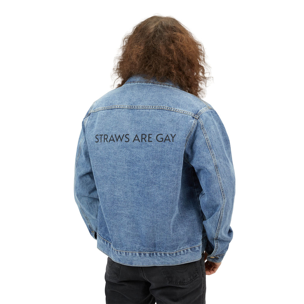 Denim Jacket — "STRAWS ARE GAY" Embroidered Back Statement Jacket